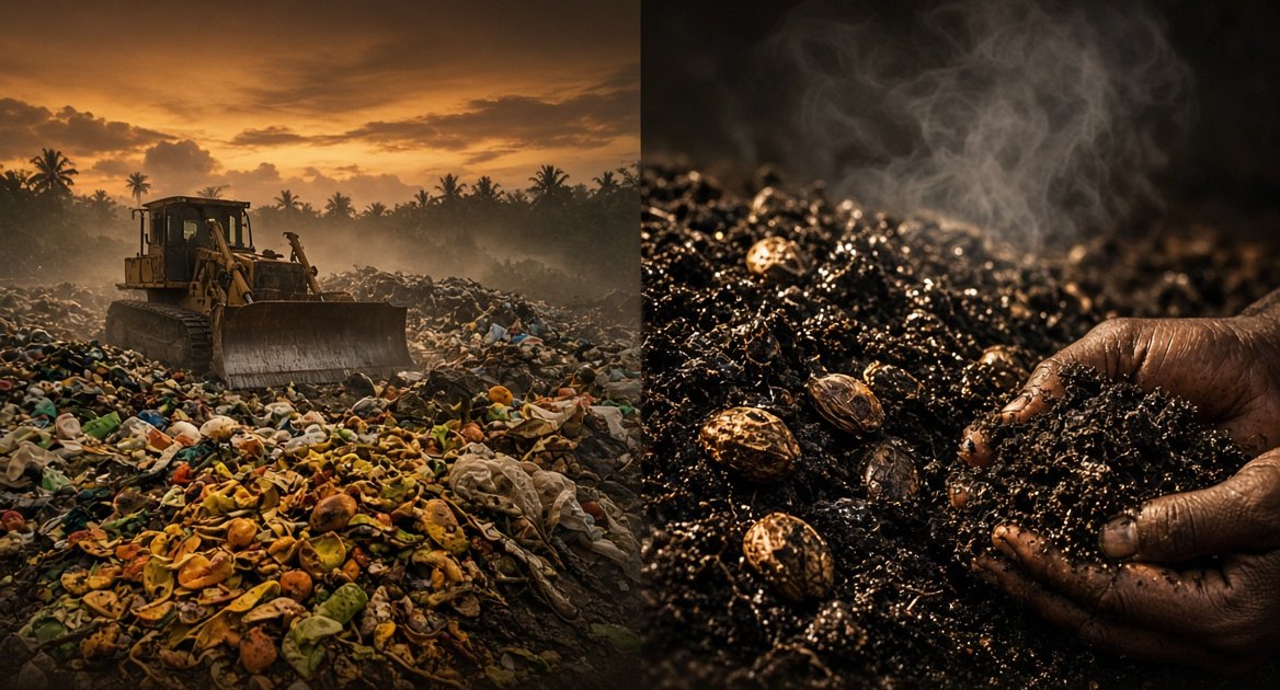 A tropical landfill beside a close view of hands holding dark, living soil.
