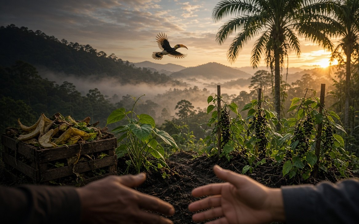 Open hands over garden soil, food scraps beside pepper vines, rainforest and a hornbill at dawn.