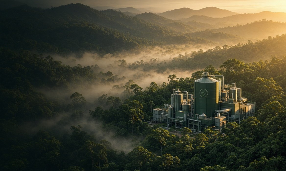 A vision of a green bio-processing facility in misty rainforest. Eco Doliya has not built this plant.