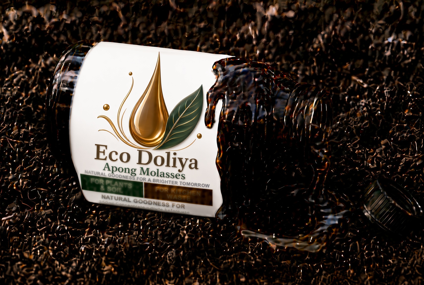 250 ml Eco Doliya Apong Molasses concentrate lying open on garden soil, thick molasses spilling from the mouth.