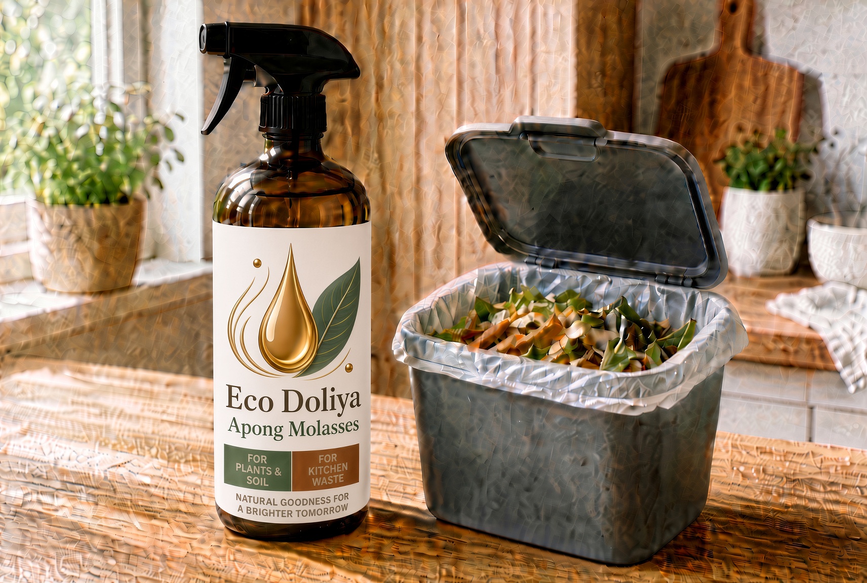 500 ml Eco Doliya Apong Molasses ready-to-use spray beside a kitchen food-waste bin.