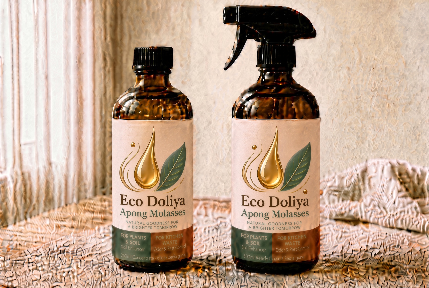 Two amber bottles of Eco Doliya Apong Molasses: a 250 ml concentrate and a 500 ml ready-to-use spray.