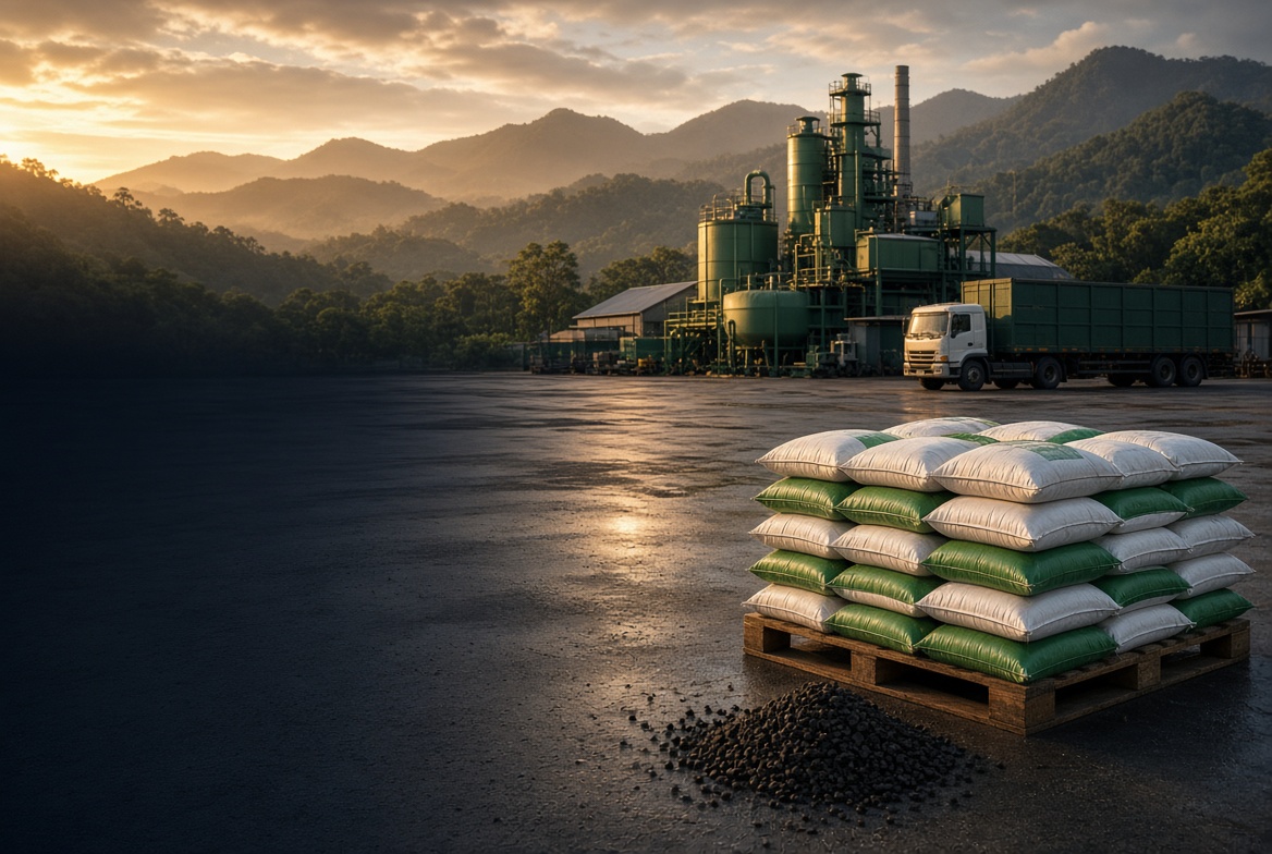 Sacks and granules in front of a processing facility. A vision, not Eco Doliya’s site.