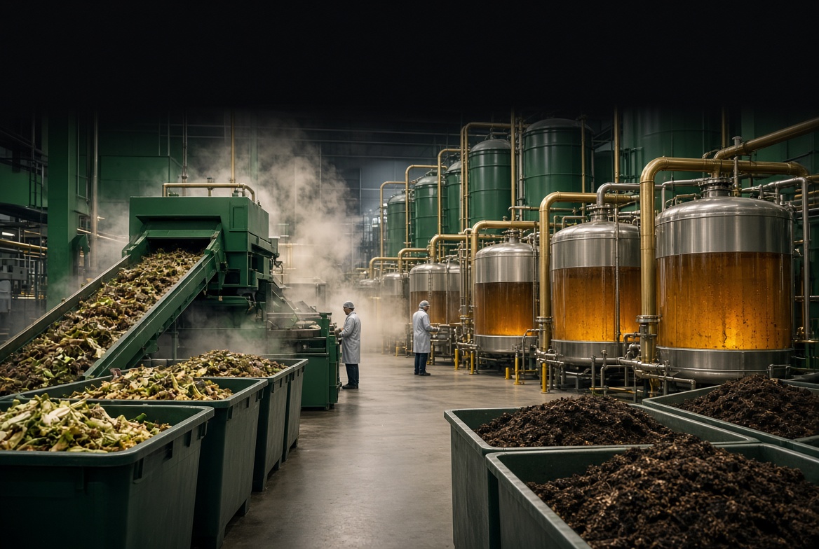 A designed processing hall: food waste, fermentation tanks, and finished fertilizer. This facility has not been built.